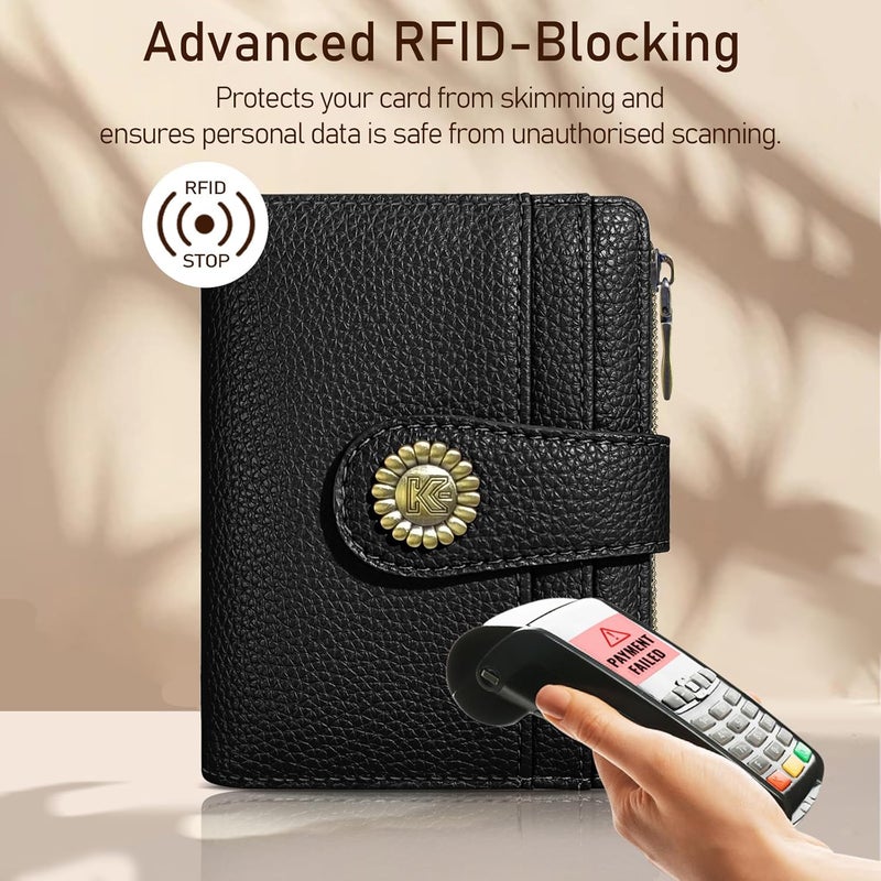 Kelvoris Small Rfid Women Wallet Bifold Zipper Coin Pocket PU Leather Compact Cash Credit Card Holder Travel Wallet for Female Ladies Teen Girls 1 ID Window 10 Card Slots Black - Image 3